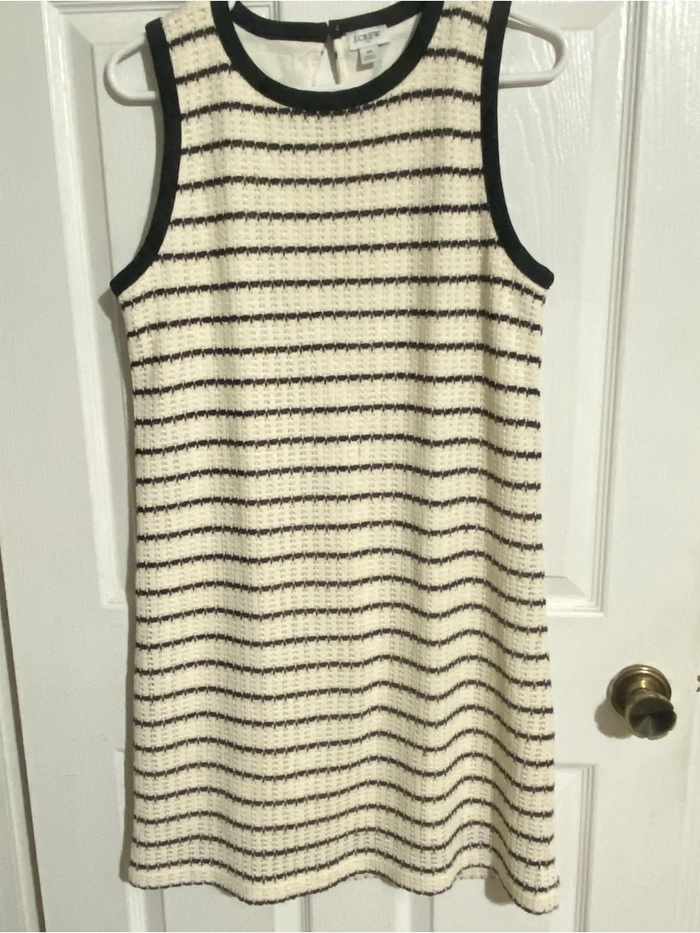 J Crew Dress Medium Ivory Black Stripe Textured Knit Sleeveless Shift Lined Prep